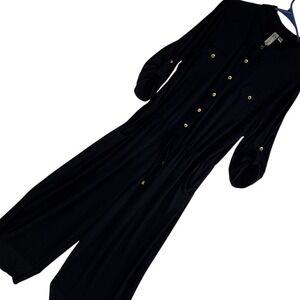 Womens Navy Blue Jumpsuit Roll Tab Sleeve Shirt Collar Drawstring Pockets